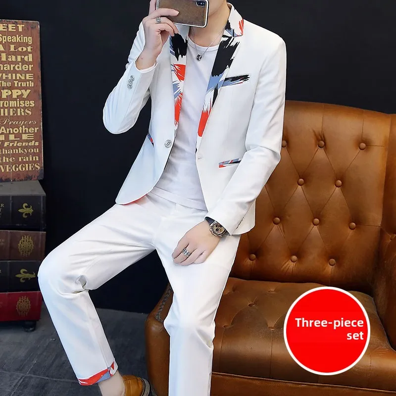 

Мужской костюм Slim Fit: модный белый комплект для ночного клуба, молодежный повседневный стиль, полиэстер, длинный рукав, застежка на одну пуговицу