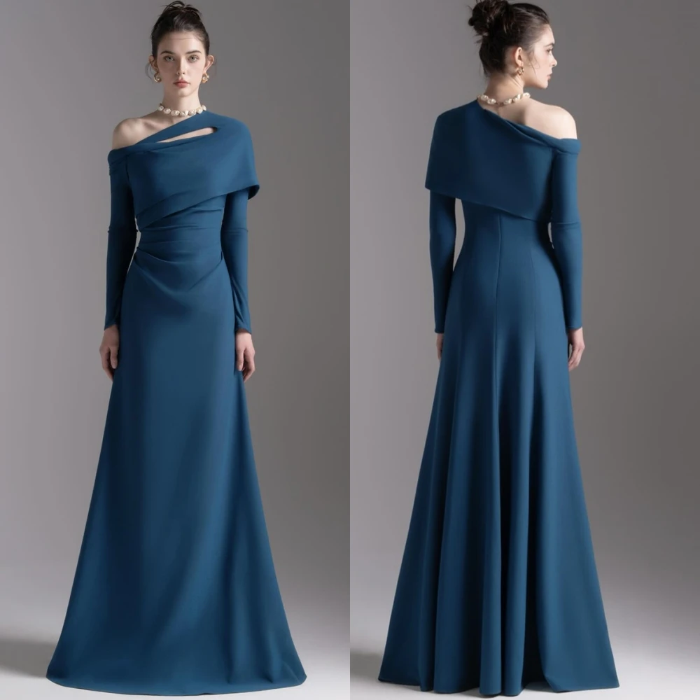 ชุดราตรีคอเรือแบบสั่งตัด ดีไซน์หรูหรา ผ้าเจอร์ซีย์ แขนยาว ชุดออกงานพรอม ชายกระโปรงยาวแบบลากพื้น สำหรับโอกาสพิเศษ