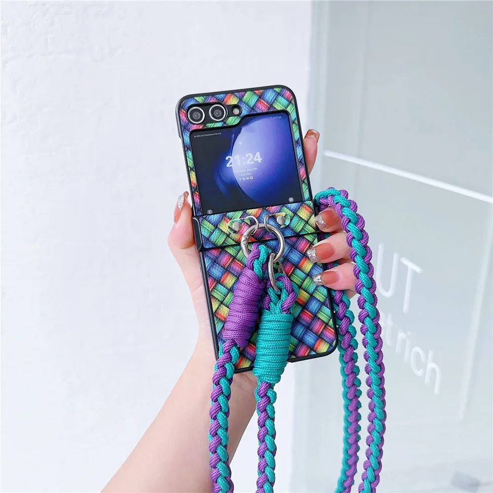 Crossbody Lanyard  Colorful Woven Leather Case for Samsung Galaxy Z Flip 5 4 3 Flip5 Flip4 Flip3 5G Hard Shell Shockproof Cover