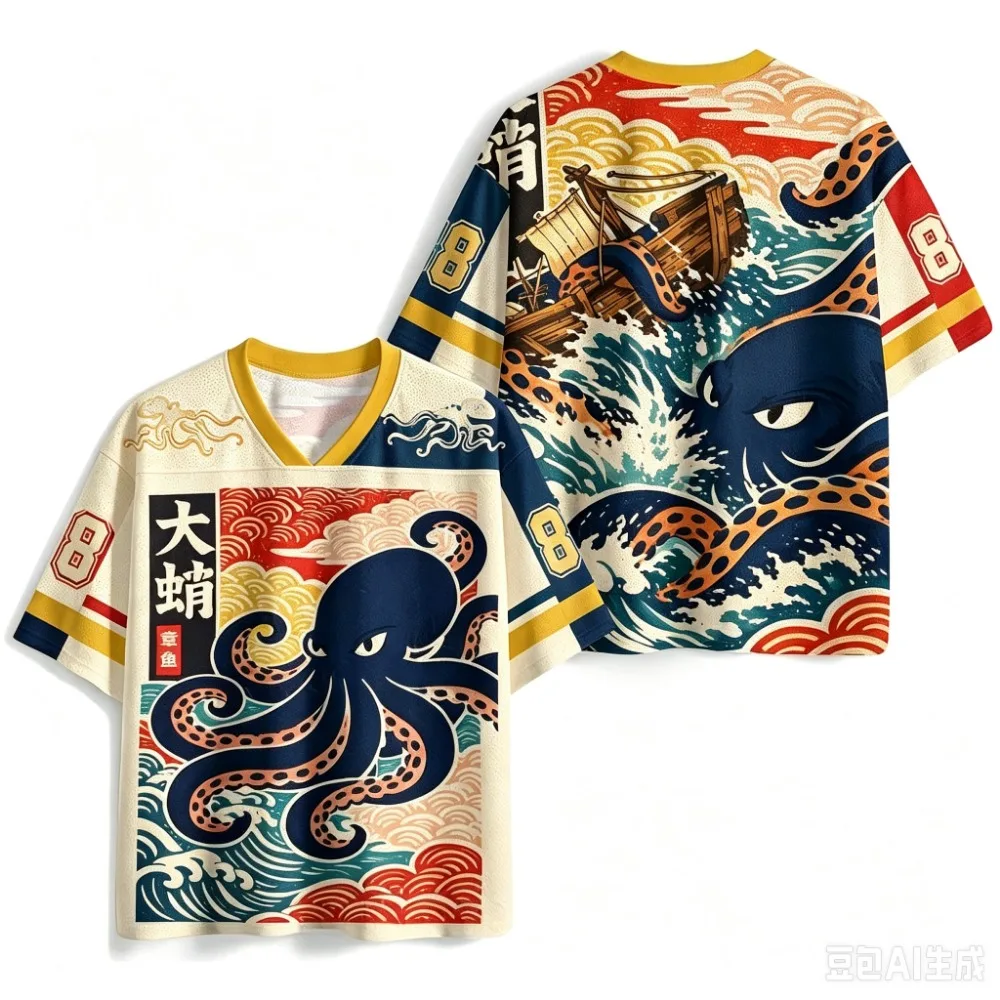 Japanese-style Sea Wave Monster Octopus 3D Print T-Shirt Men V-neck Trendy Breathable Quick-Drying Casual Parent-Child Clothing