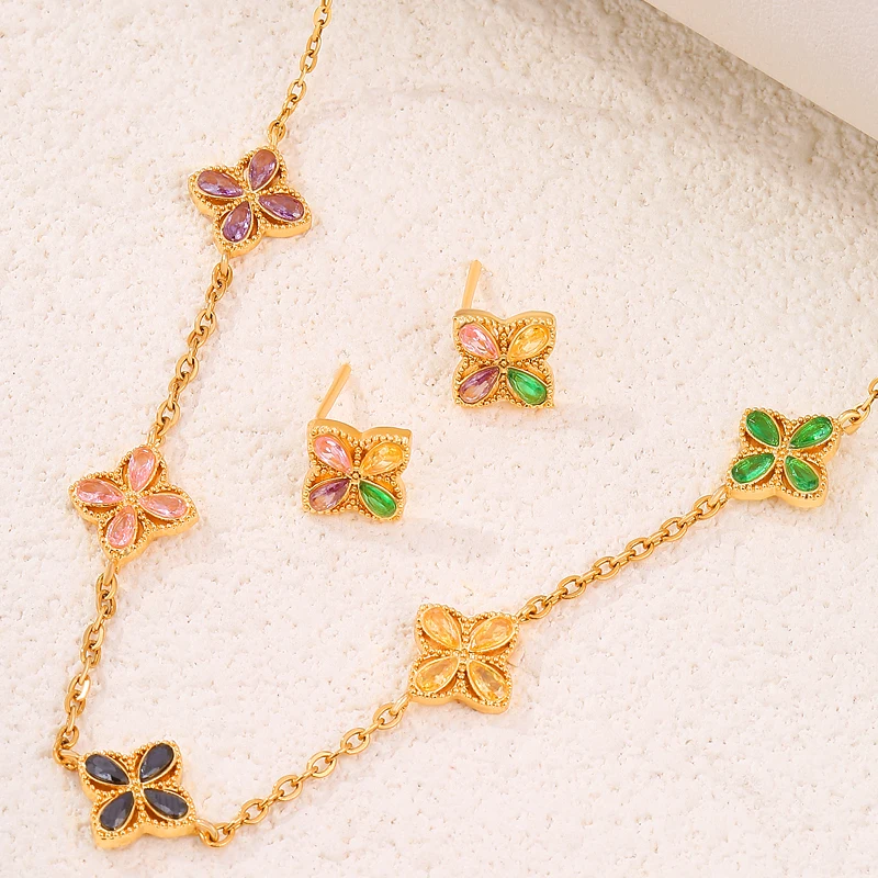 18k PVD Gold Plated Stainless Steel Four-leaf Clover Necklace Earrings Suit for Women New Trend Fashion Waterproof Jewelry Set