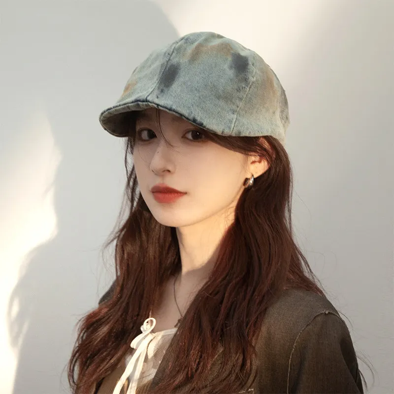 Retro Graffiti Washed Denim Forward Cap Soft Top Versatile Big Head Circumference Small Face Show Reverse Wear