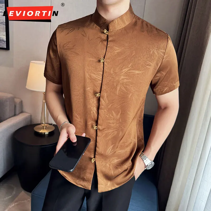 

2024 Summer New Chinese Thin Shirt Ice Silk Short sleeved Shirt Standing Collar Chinese Style Youth Half sleeved Men's Top