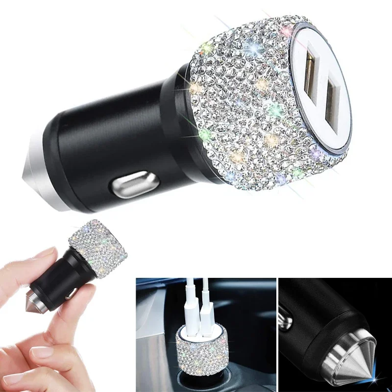 Dual Port USB Shiny Handmade Rhinestone Car Charger Fast Charging Adapter Car Decor Accessories Safety Hammer Design