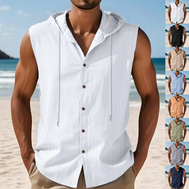 

2025 European and American Summer Men's Sleeveless Shirt New Loose Casual Linen Hooded Waistcoat Sleeveless Trendy Casual Shirt