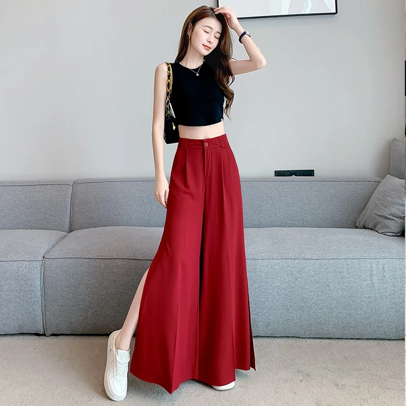 

Chic Side Split High Waist Wide Leg Pants For Women Korean Fashion Summer Loose Dance Pants Straight Casual Female Long Trousers