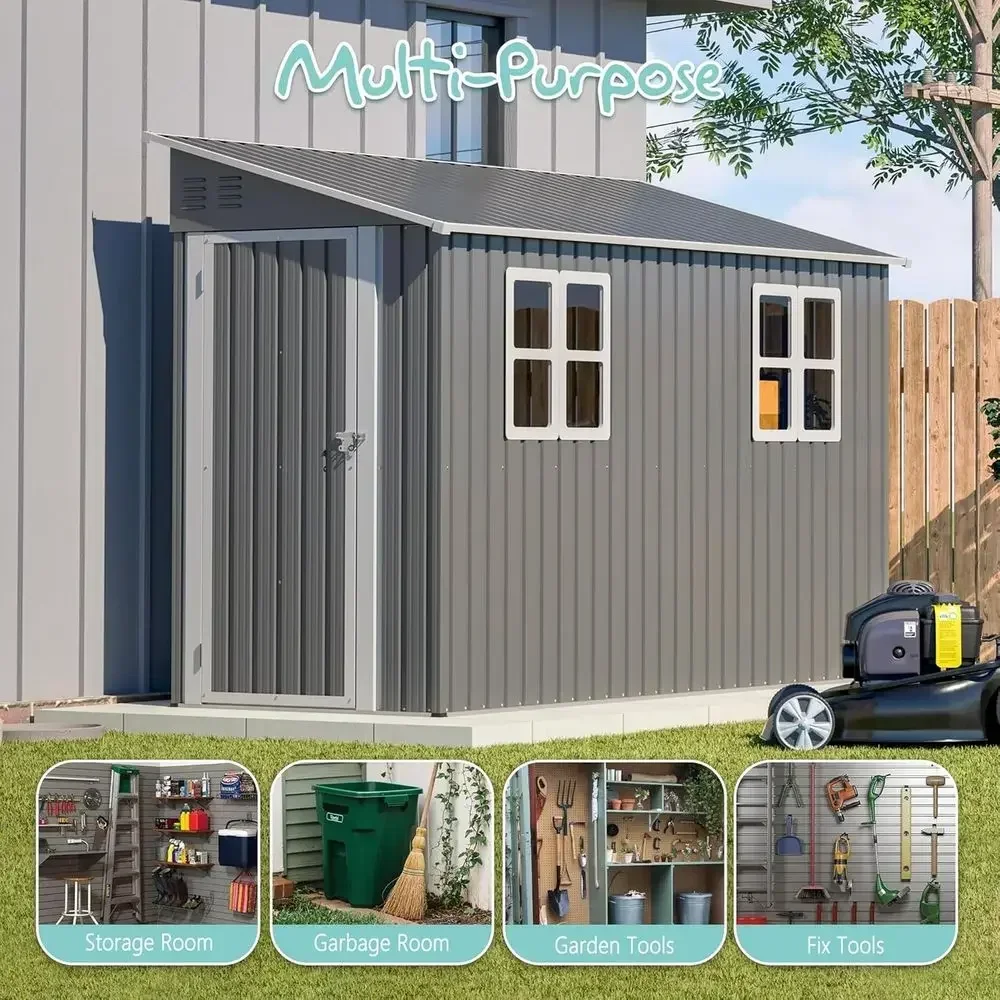 10x4ft Metal Storage Shed with Floor, Lean-to Design, 2 Windows, Outdoor Patio Garden Shed for Tools and Bicycles
