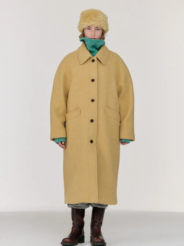 

Sienne Long Wool Coat Women's Winter New Yellow Loose High-End Feeling Single Button Tweed Jacket Commute Style Pure Color