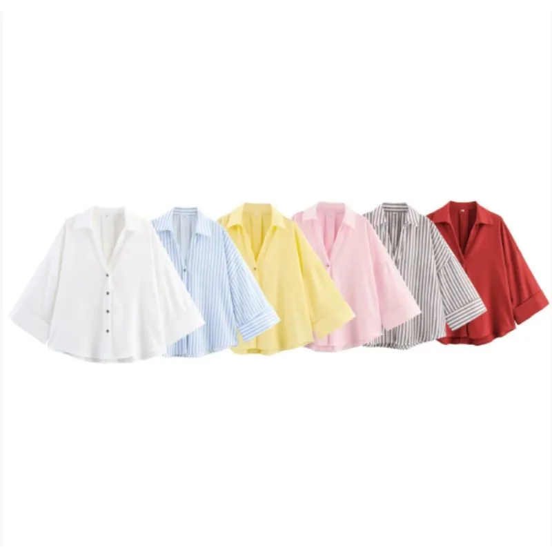 

Loose Women's Summer Shirt Casual Wide Sleeve Collar Stand up Top Fashionable Loose Fit Female Clothing Full Sleeve Button down