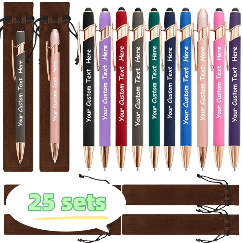 25 Sets Customizable Ballpoint Pens Luxury Soft Touch Round Writing Tools with Brown Cases - Includes 25 Pens and 25 Brown Bags
