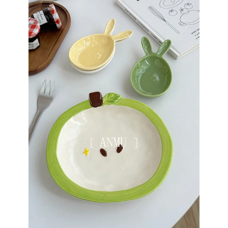 Japanese Ins Style Cute 3-color Rabbit Ear Relief Flower Ceramic Small Flavor Dish Dipping Dish Home Kitchen Supplies