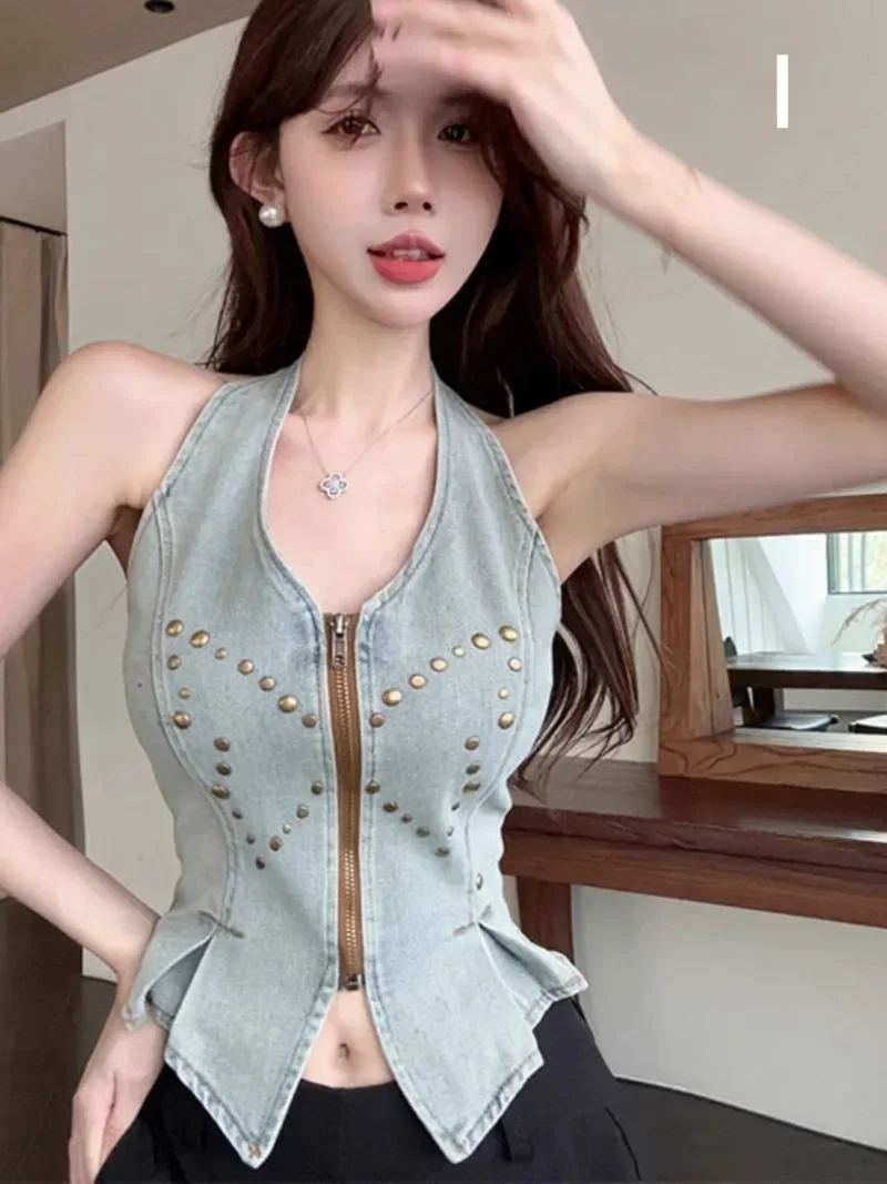 

Sexy Vintage Tanks Corset Tunic Chalecos Para Mujer Zipper Camis Roupas Femininas Waistcoat Women Denim Vest Crop Jacket Top