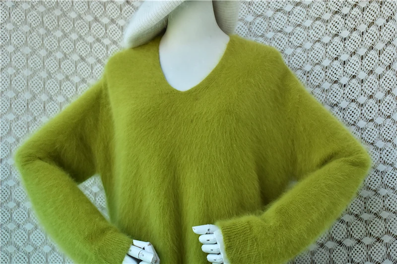 Ladies Women Autumn Winter Fashion Green Hairy Angora Rabbit Hair V-Neck Long Sleeves Split Loose Pullover Sweater Jumper Pull - view 4