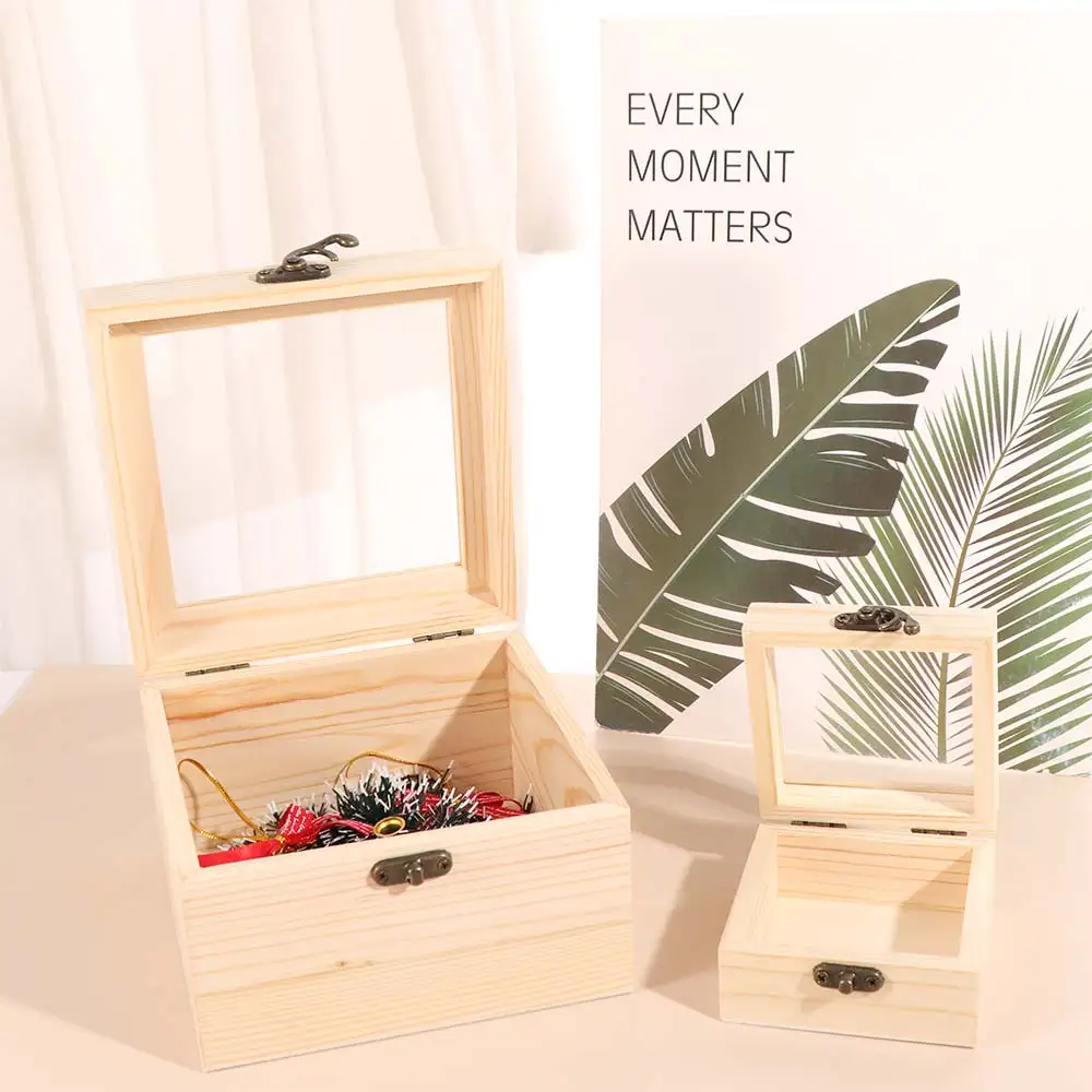 Rectangular Wooden Storage Box High-Visibility Smooth Edge Jewelry Box Decorative with Glass Cover Candy Display Box Home