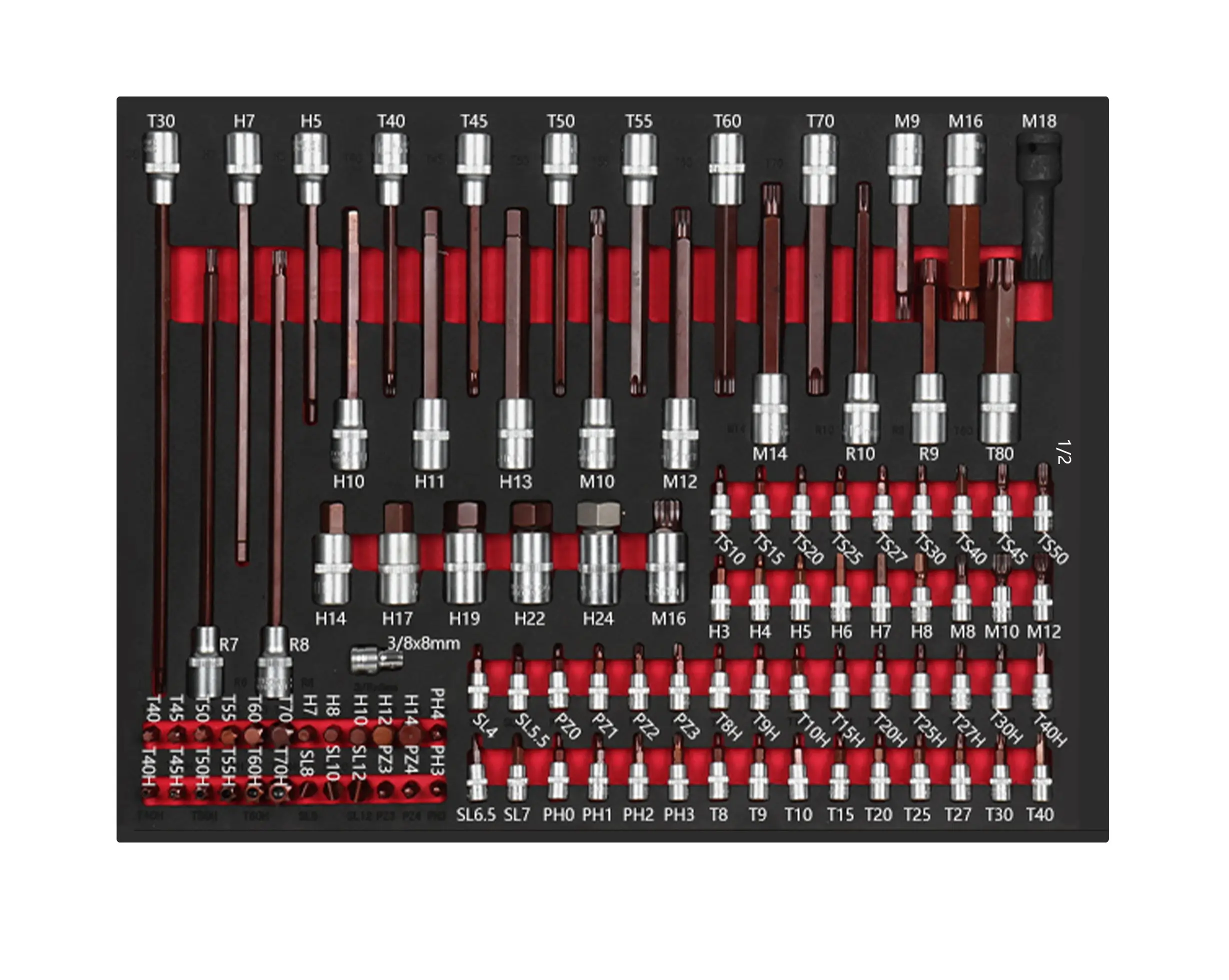 102PCS EVA Foam 1/2" 1/4"drive E Socket Torx Bits and Plus Socket Bits Set Hand Tool Set for Garage Workshop Trolley Tools Set