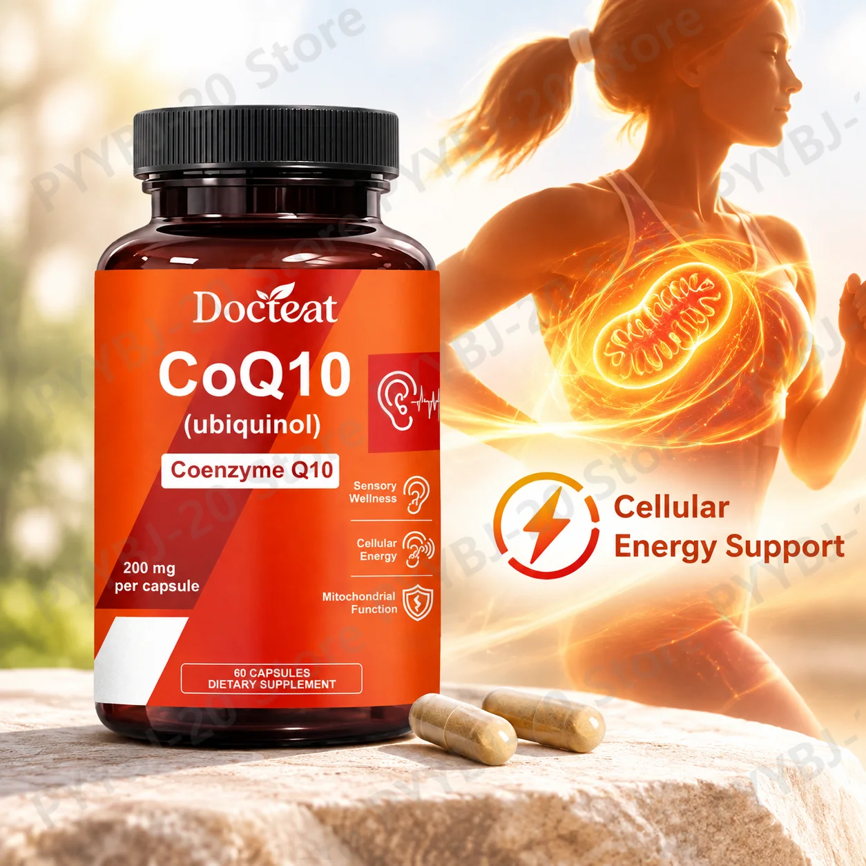 DOCTEAT CoQ10 Capsules Cellular Energy Support Mitochondrial Health Metabolism Support with Coenzyme Q10 Active Formula 60ct