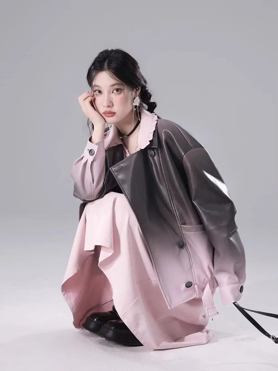 Jaket kulit gradien Korea, mantel lengan panjang berkerah Vintage elegan mode musim semi wanita pakaian luar jalan tinggi