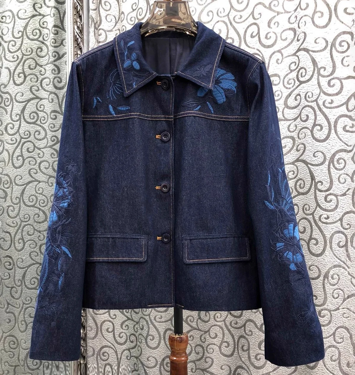 100% algodão denim casacos 2025 outono inverno moda senhora turn-down colarinho requintado bordado manga longa azul jeans outerwear