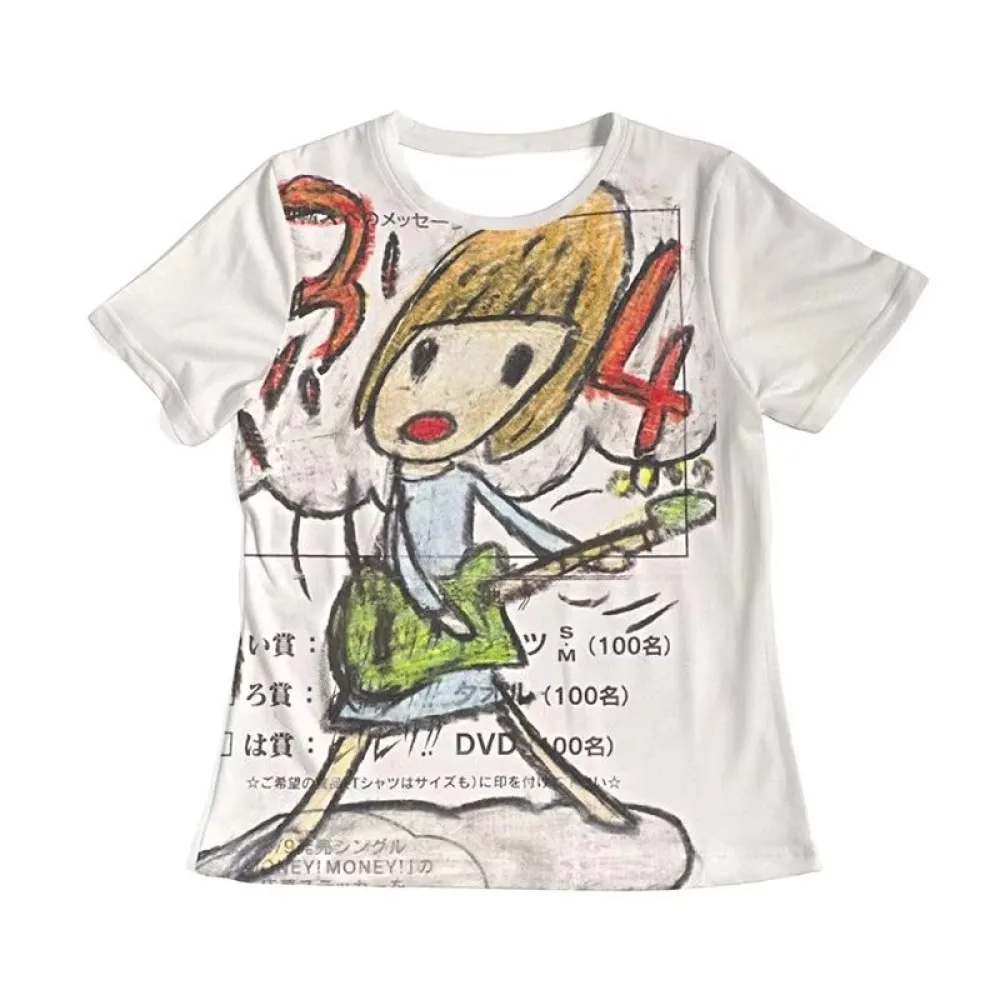 Retro Y2K Aesthetic Slim Fit Short Sleeve Tee Japanese Anime Girl Playing Guitar Sketch Graphic Alt Girl Streetwear T-shirt