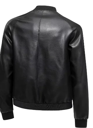 Men's Stylish Black Pu Leather Jacket - Casual Baseball Collar, Zip-Up Front with Pockets, Loose Fit, Machine Washable, Ideal for Casual Wear.