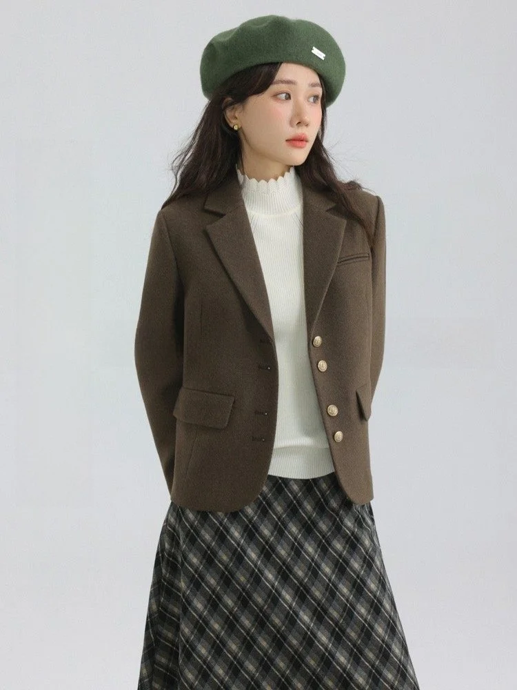 

Женский шерстяной пиджак в стиле ретро с подплечниками, зимний, модный, в университетском стиле, с отложным воротником, на молнии, с длинными рукавами