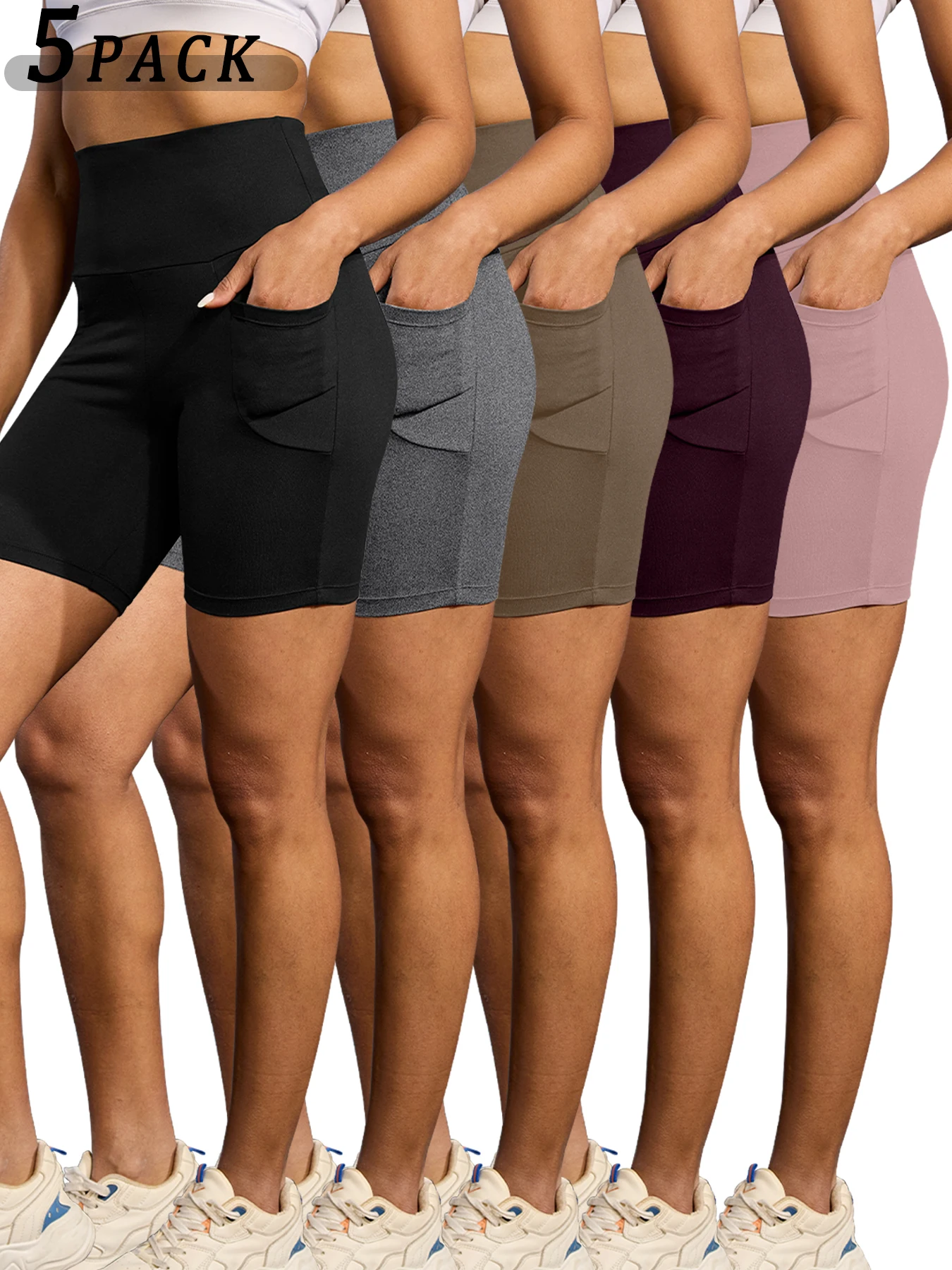 

5 штук женских спортивных шорт с карманами. Высота талии 5 дюймов. Сверхмягкие, с эффектом утягивания живота, непрозрачные.