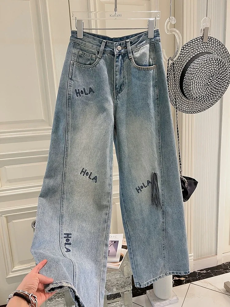 

Spring Autumn Embroidered Jeans for Men Zipper Splicing Tassel Straight Leg Trousers Korean Casual Fashion Loose Denim Pants