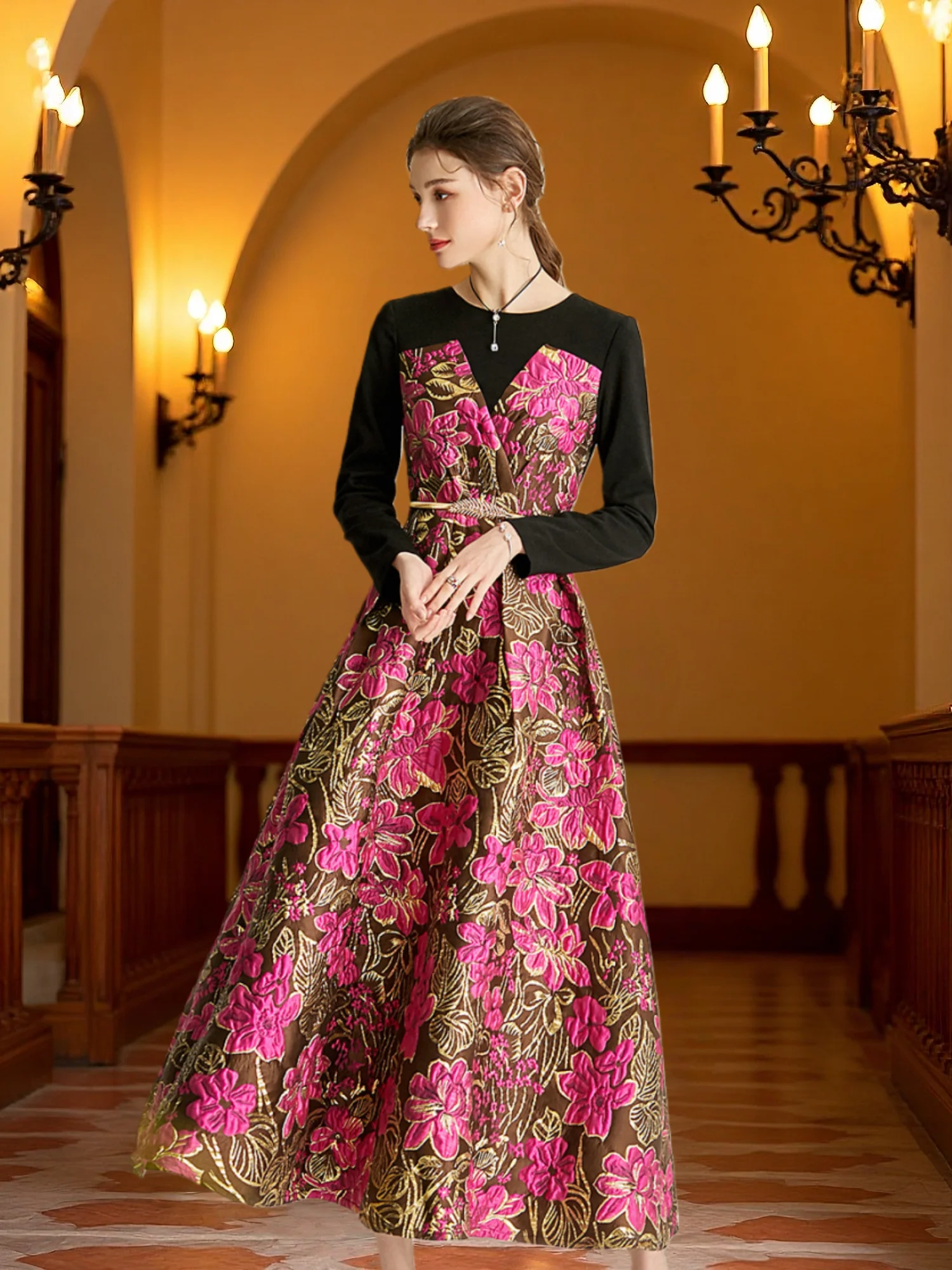 Elegant Women Long Maxi Jacquard Dress New Party Evening Spliced