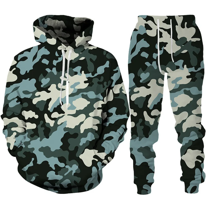 Men\'s Camouflage Hoodie Pant Suit 3D Print Hooded Sweatshirt Casual Outdoor Tracksuit Outfits Oversized Men\'s Clothing 2pcs Sets