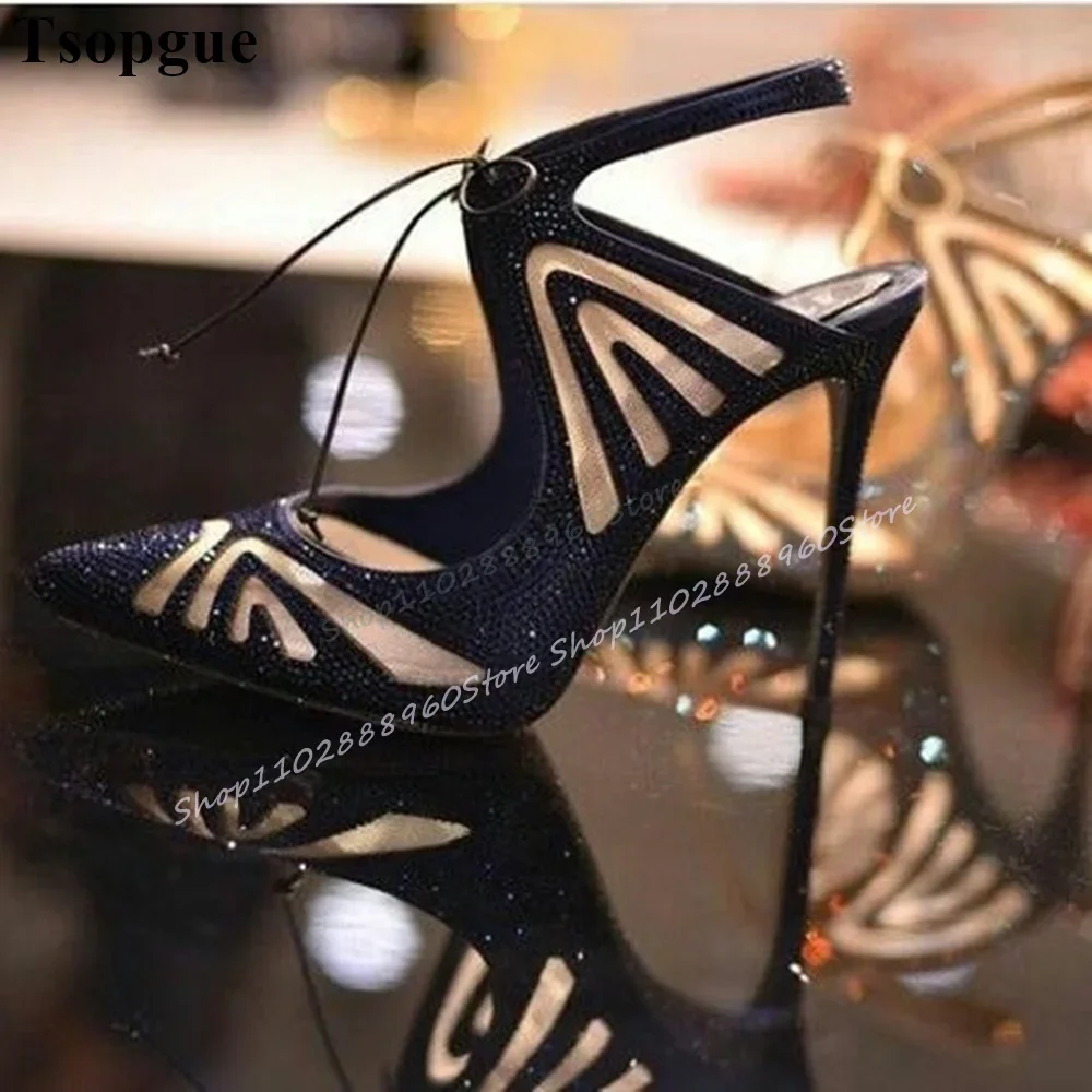 

Trendy Black Sparkling Crystal Half Slippers Thin High Heel Shoes For Women Slip On Pointed Toe 2025 Fashion Zapatos Para Mujere