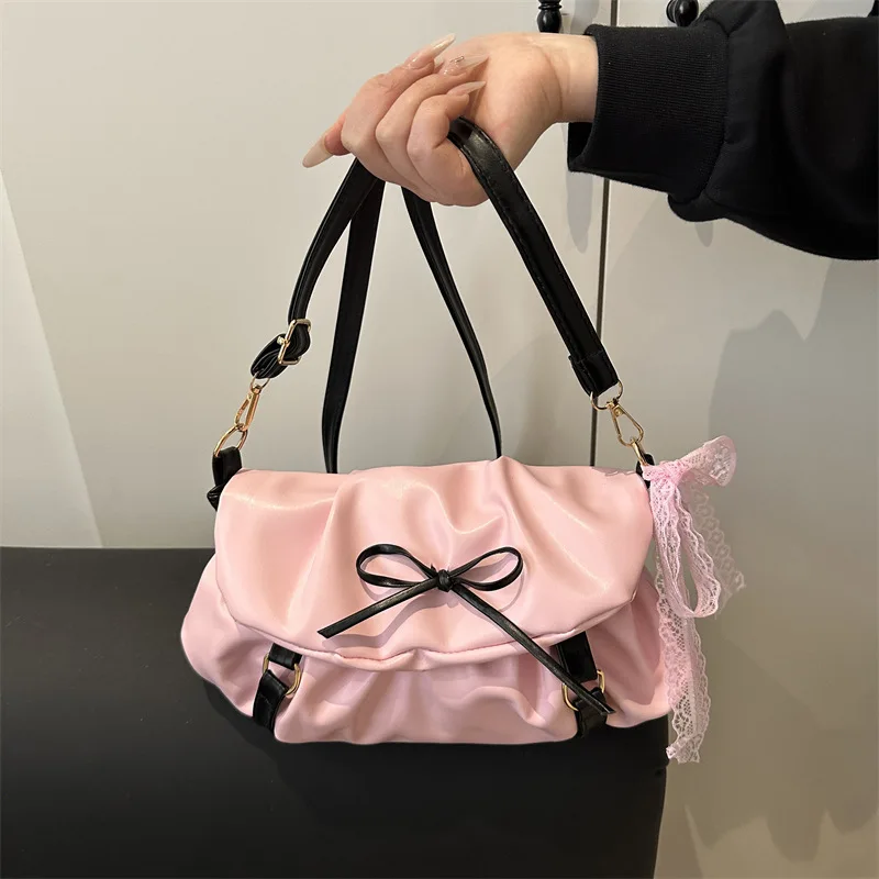 

Fashion Ruched Women's Shoulder Bag Sweet Lace Bowknot Girls Crossbody bags Casual Pu Leather Female Underarm bag Handbags bolso