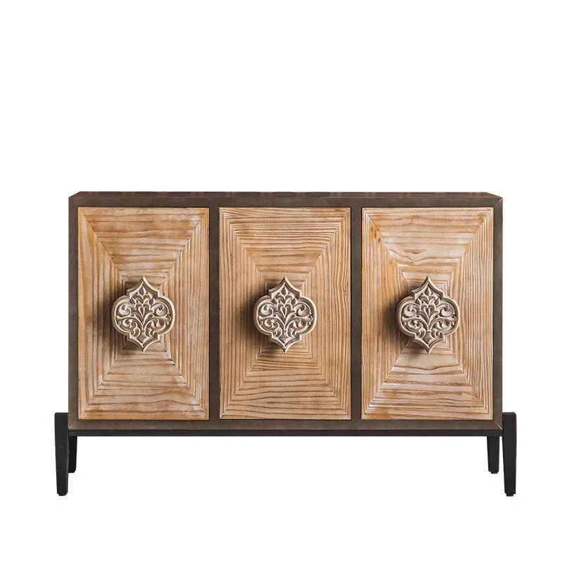 

American retro solid wood entrance cabinet, living room against the wall carved homestay decoration with door wabi sandy wind
