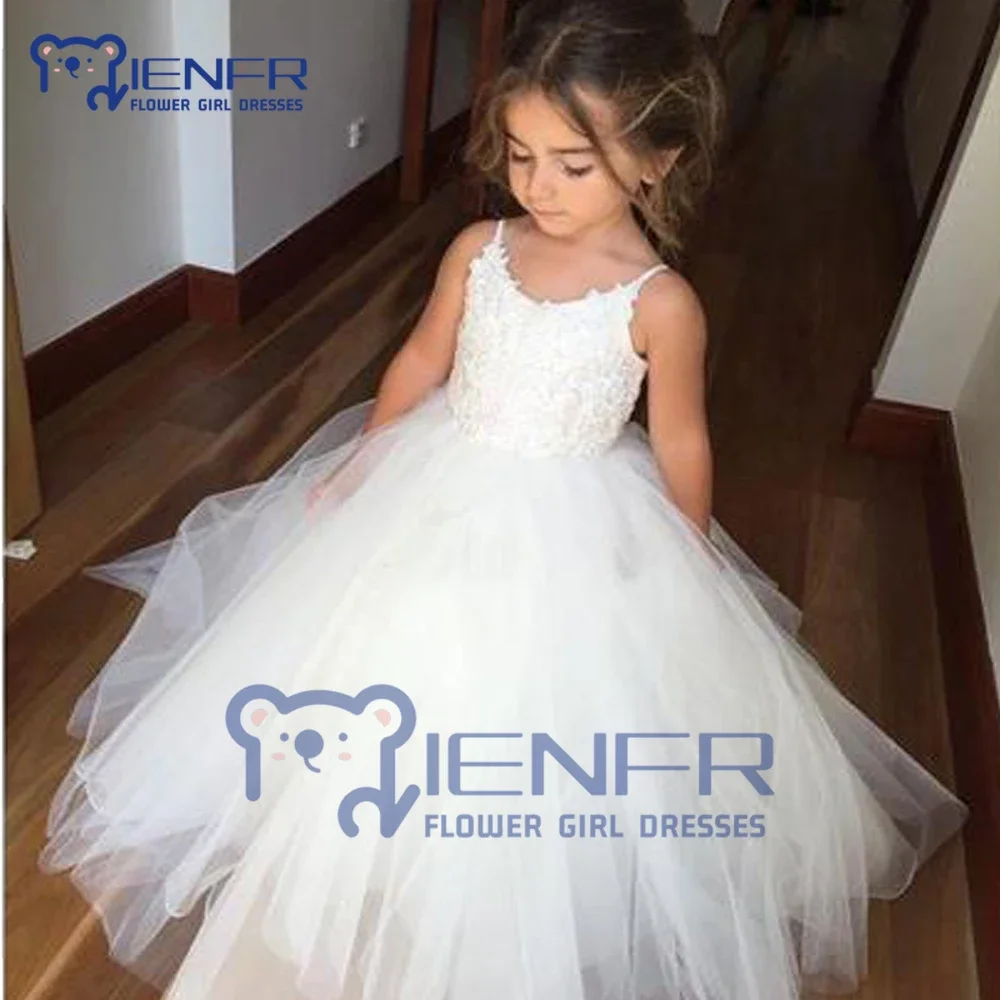 2023 Custom White Lace Tulle Wedding Flower Girls First Communion Dress Kids Spaghetti Straps Ankle Length Party Ball Gown