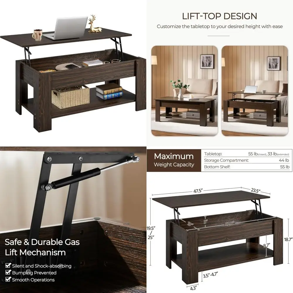

Hidden Compartment Coffee Table with Lift Top and Storage Shelf, Dining Table for Living Room and Reception Area