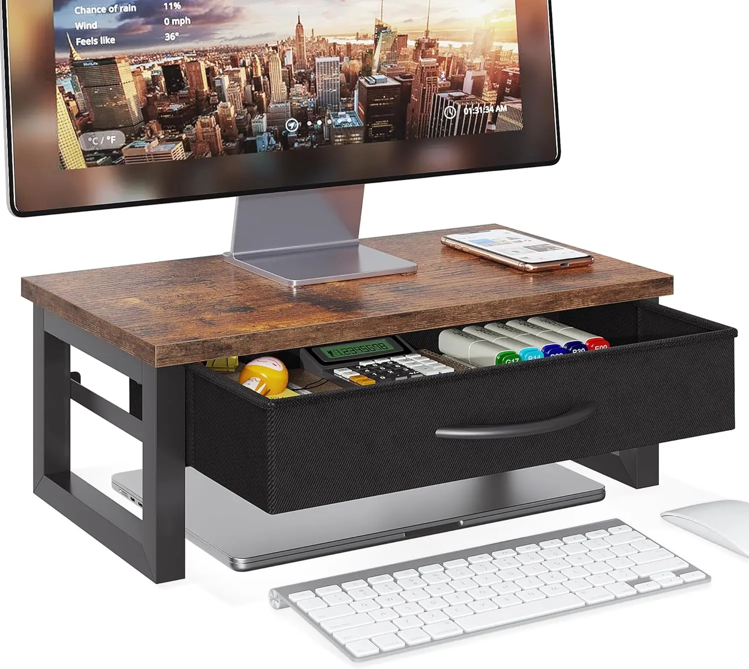 

Wooden Monitor Stand with Drawer, 2-Tier Desk Organizer for Laptop and Office Storage