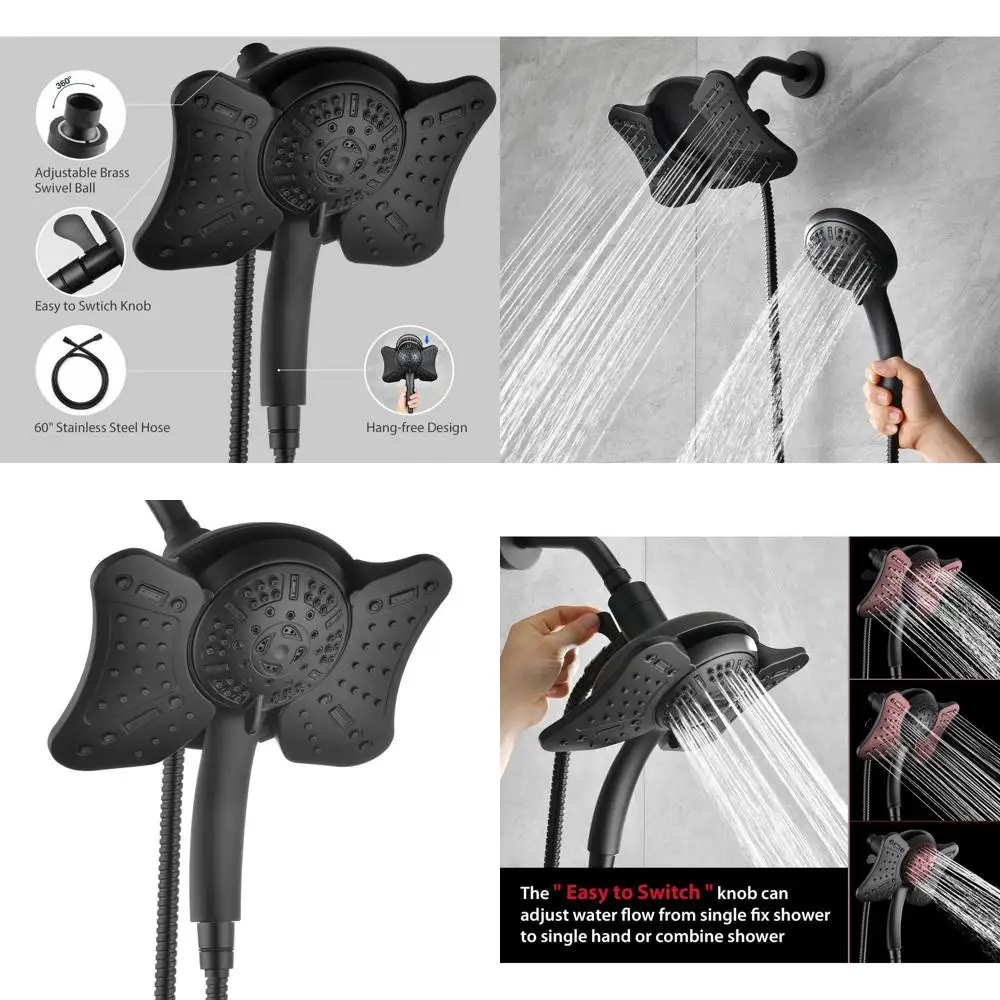 Combo de cabezal de ducha de alta presión de 2,5 GPM con rociador de mano, lluvia de 9 modos, boquillas antiobstrucción y manguera - Negro