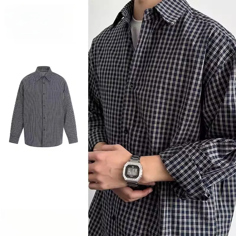 

Retro Japanese Plaid Long Sve irt Men's Casual Loose Fit Spring Autumn Trendy Button up Cotton Blend Outerwear