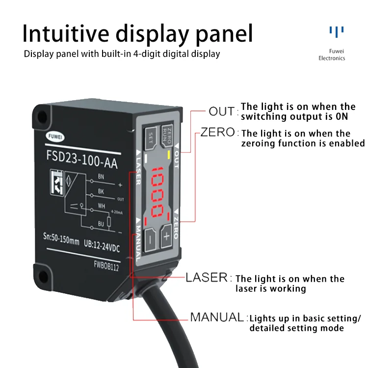 

FUWEI FSD23-100-AV LED Digital Screen Aluminum High-Precision Laser Displacement Sensor Analog voltage 0-10V