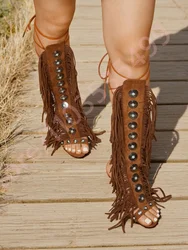 Sexy Ladies Tassel Gem Boots New Open Toe Luxury Roman Street Stiletto Casual Boots Retro Black Brown Model Catwalk Stage Boots