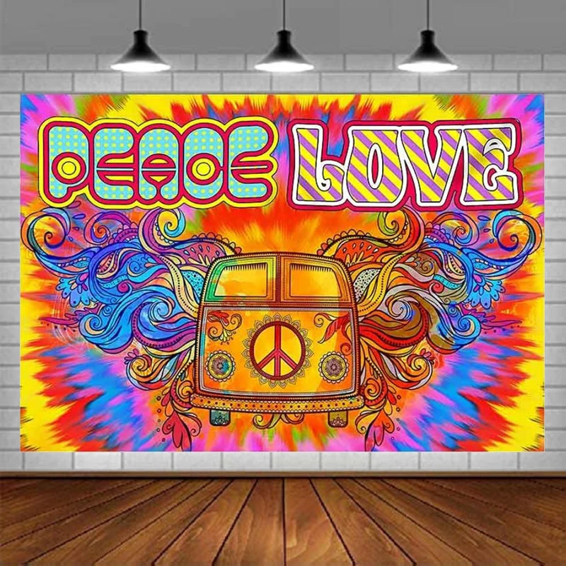 Photography Backdrop Peace Love Fantasy Bus Tie-dye 60s 70s Hippie Background Party Decor Photo Booth Studio Props