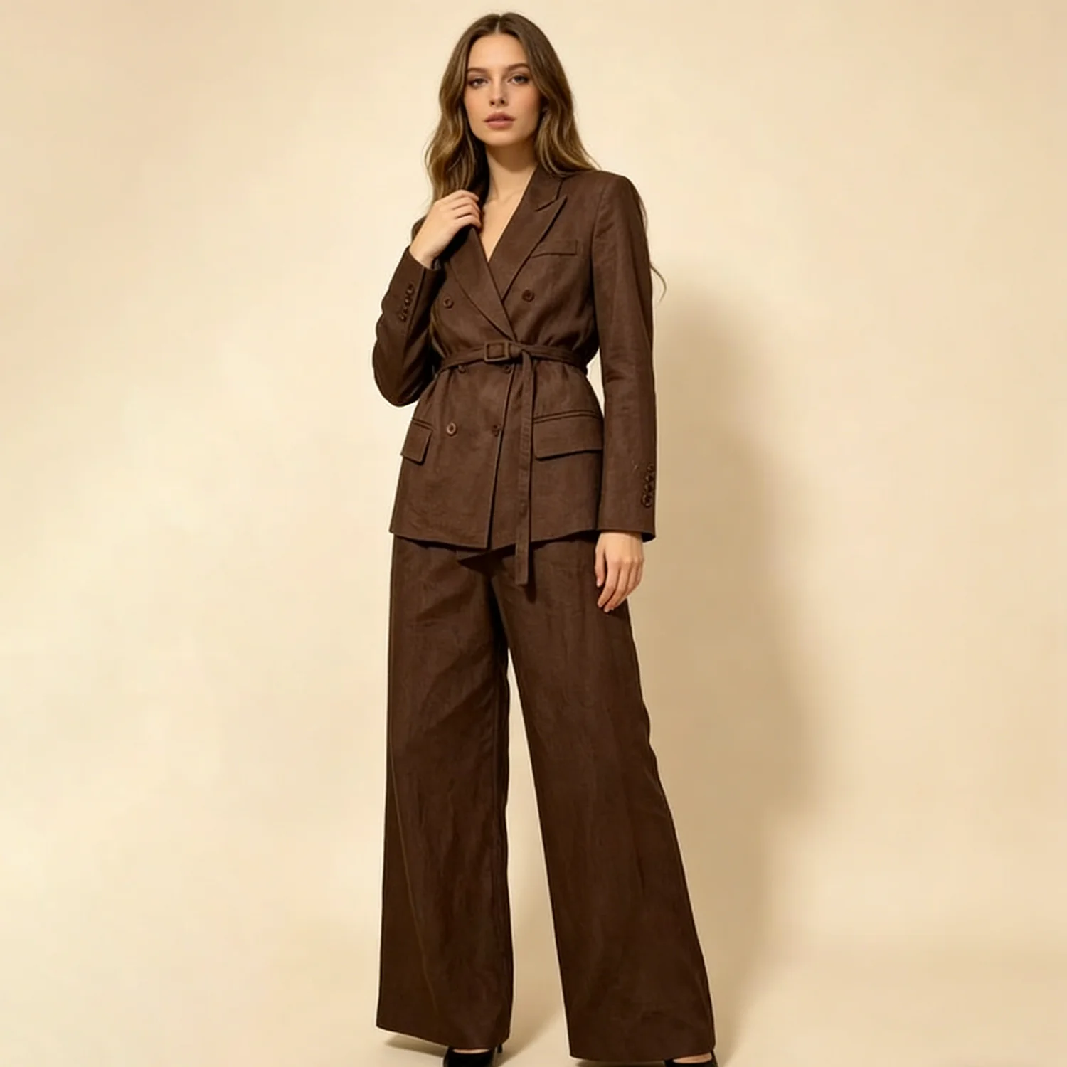 

LIMO 2026 Linen Blazer & Wide-Leg Pants Set Double-breasted blazer + flowy wide-leg pants. for office, commute & casual wear.