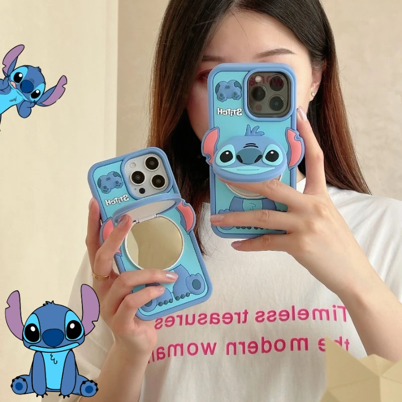 Disney Stitch with Mirror Silicone Cover for IPhone 16 15 14 Pro Max Case Kawaii 3D Cartoon with Makeup Mirror Stand Holder Gift