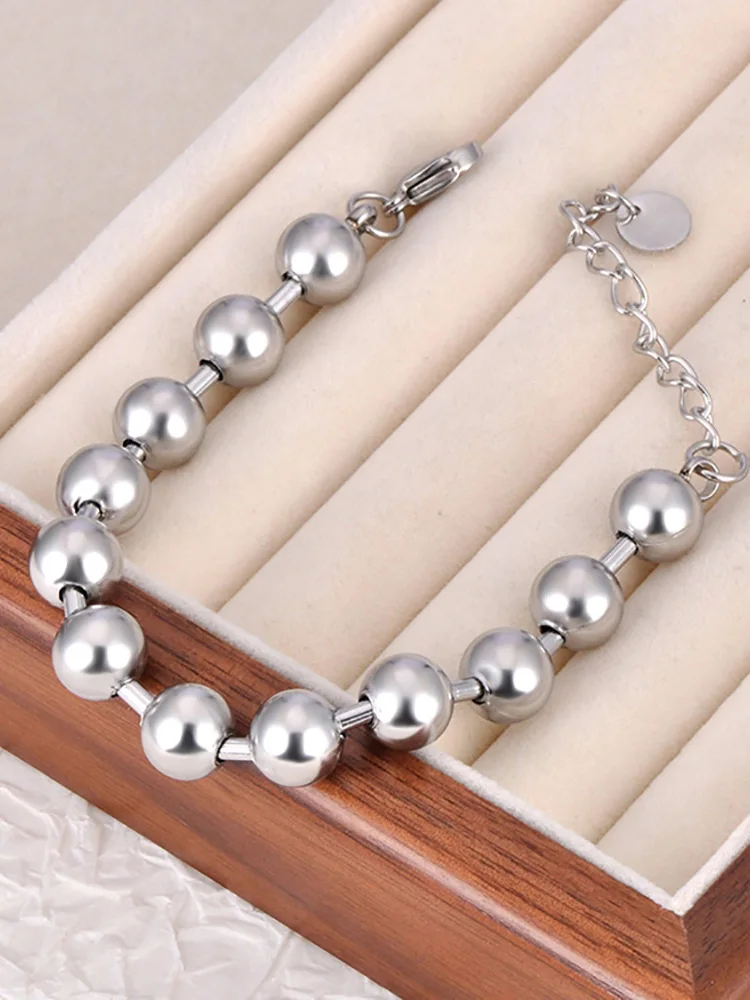Lokaer Trendy Stainless Steel 8/10mm Round Beads Chain Bracelet for Women 18K Gold Plated Party Jewelry Браслет pulseras B24093