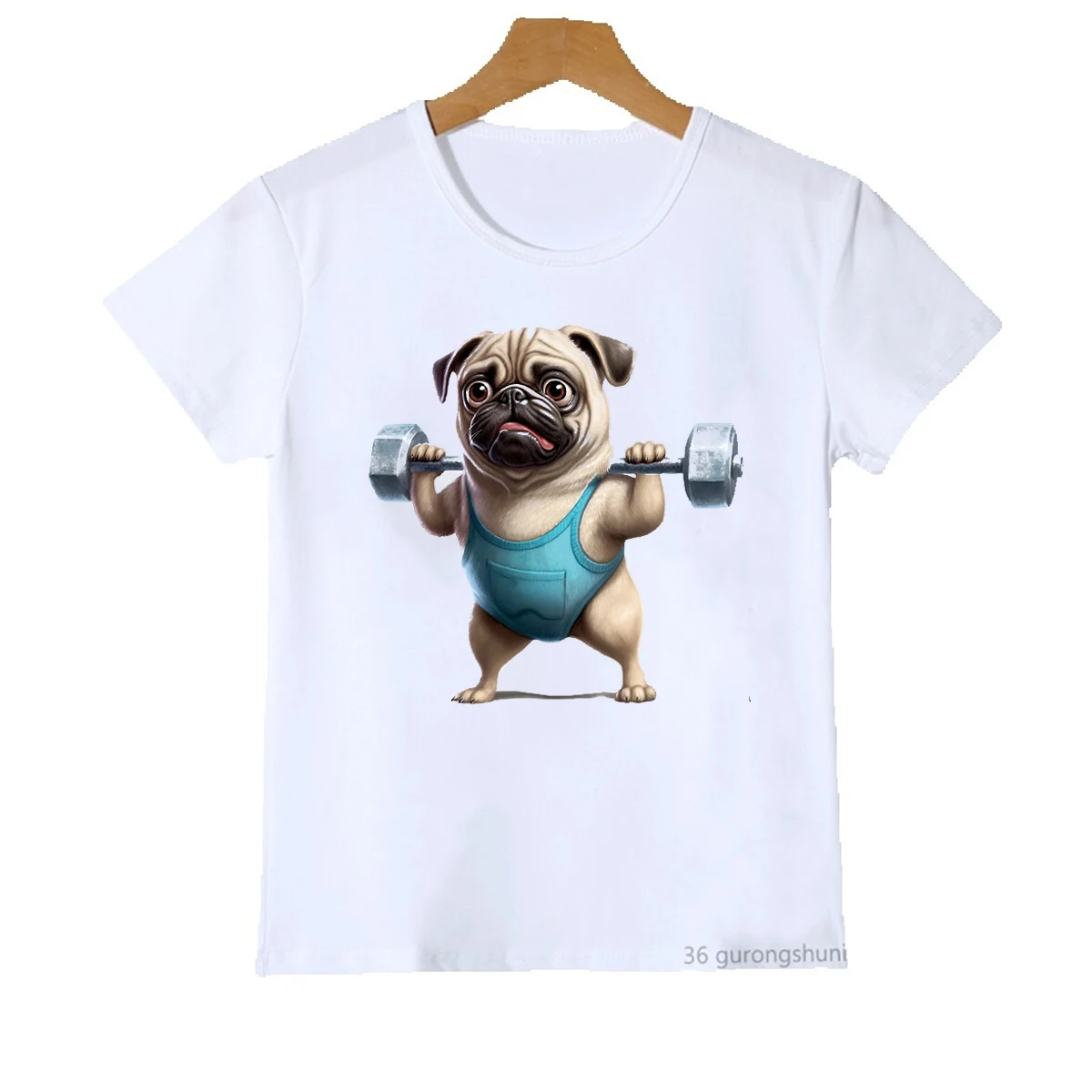 New Boys T-Shirt Funny French Bulldog Is Working Out Dog Animal Print Tshirt Fashion Boyswhite O-Neck Shirt Top 1-15 Years Old