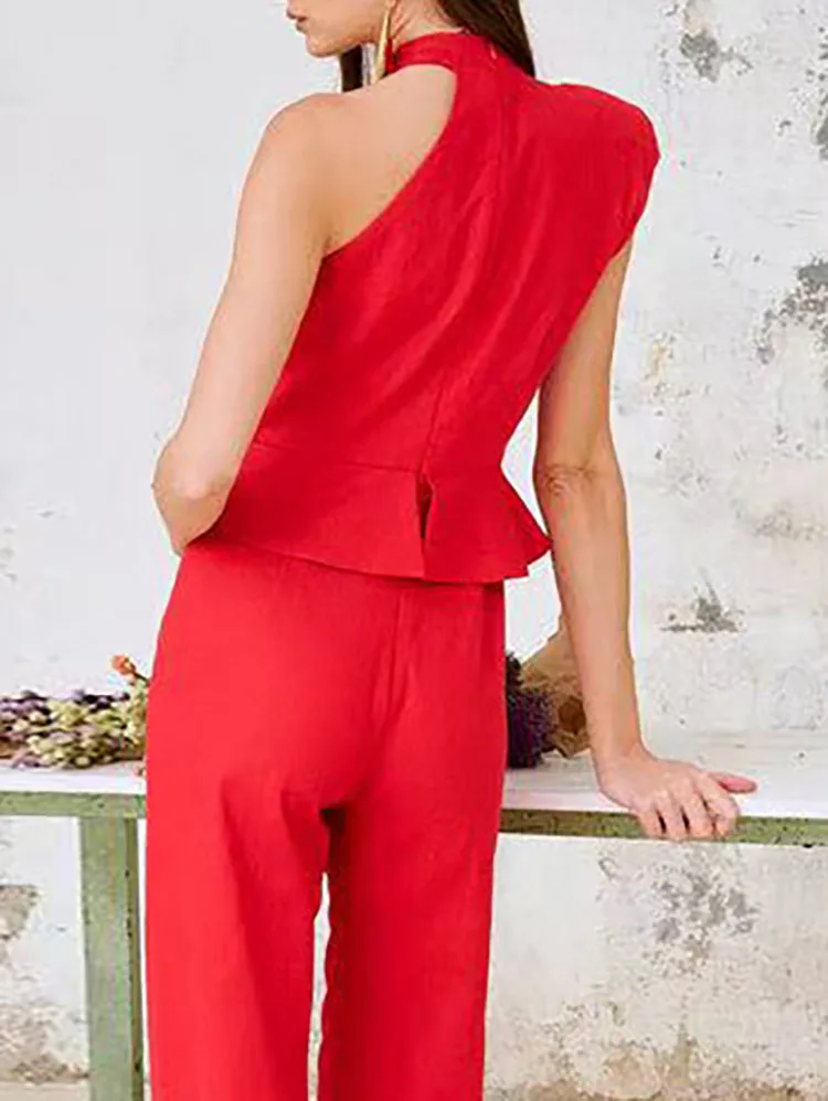 

Women Elegant O Neck Hollow Irregular Romper 2025 Spring Summer Sleeveless Ruffle Jumpsuits Casual Solid Straight Overalls Mujer