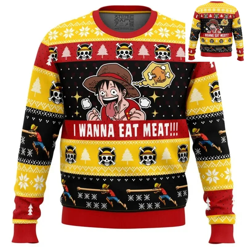Autumn Men Crew Neck One I Want To Eat Meat Luffy Anime Christmas Sweatshirt Winter Soft Comfy Stylish Loose Pullover Tracksuit
