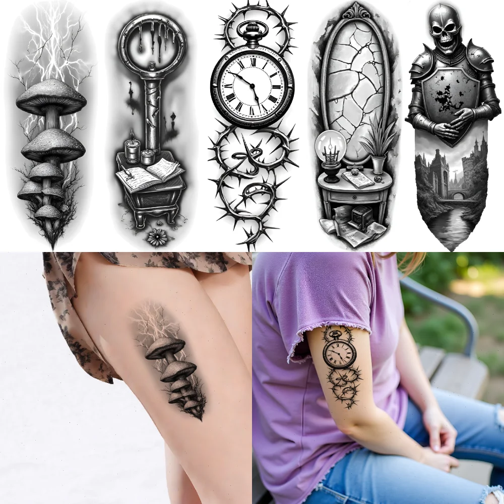 

3 шт., временная татуировка, ключ, черный и серый, реалистичный, зеркальный гриб, реалистичные временные татуировки, череп для женщин и мужчин, бедра