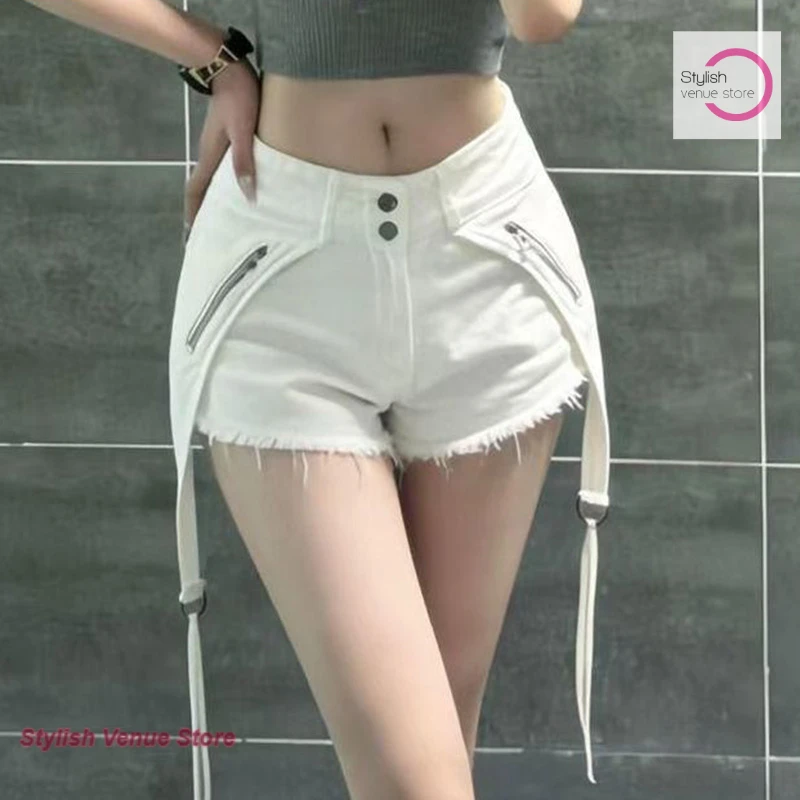 Korean-style design zipper white rough edge irregular A-word denim shorts women's summer new splicing high waist short hot pants