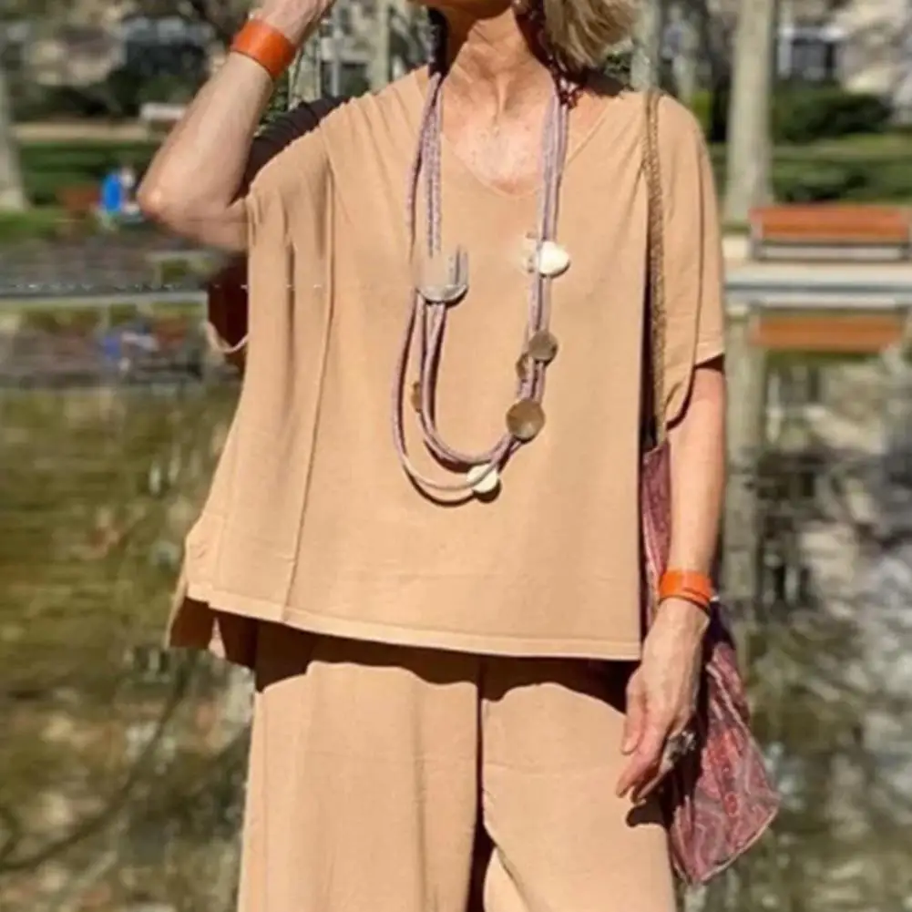 Tee Shirt Wide Leg Pants Set Women's V-neck Tee Shirt Wide Leg Pants Set for Summer Outfit Loose