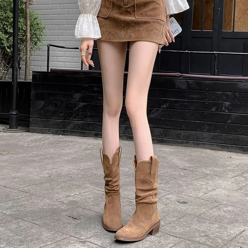 Vintage Pointed Western Denim Boots 2023 Autumn New Thick Heel Mid Sleeve Boots Women's Mid Heel Pleated Stacked Boots